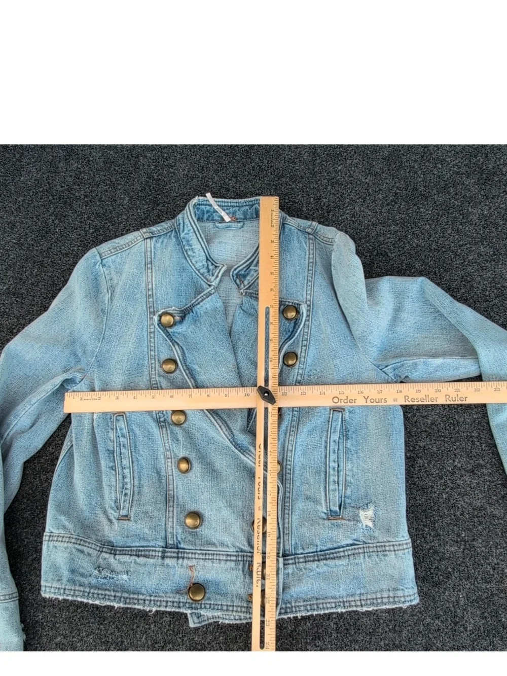 Free People Denim Jacket Womens Medium Blue Ferry Frayed Jean Military Motto
